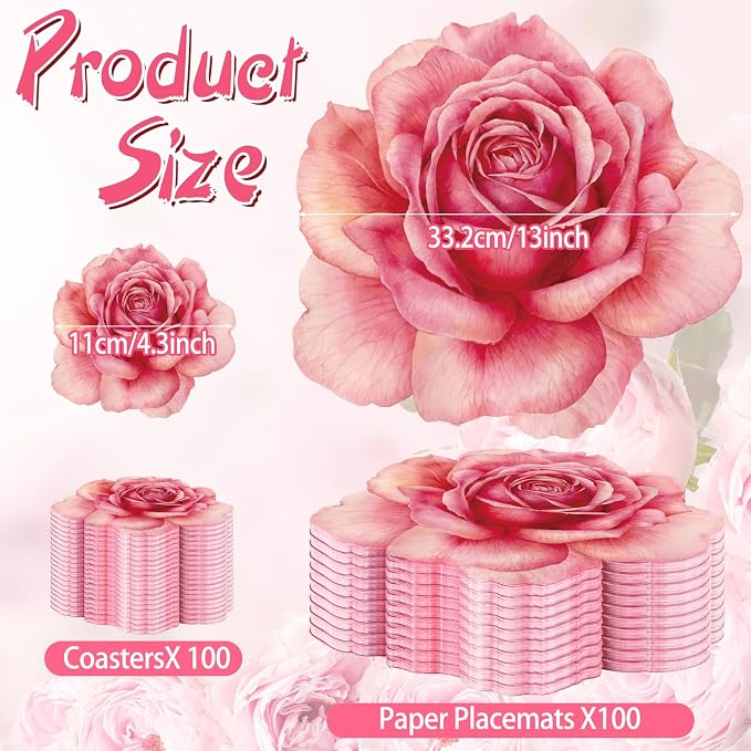 Geosar 200 Pcs Pink Floral Paper Placemats and Coasters Rose Flower Design | With Coasters for Drinks, Charger Size Fits Plates, Tropical Leaf Themed, For Tea Party Wedding Bridal Shower Birthday