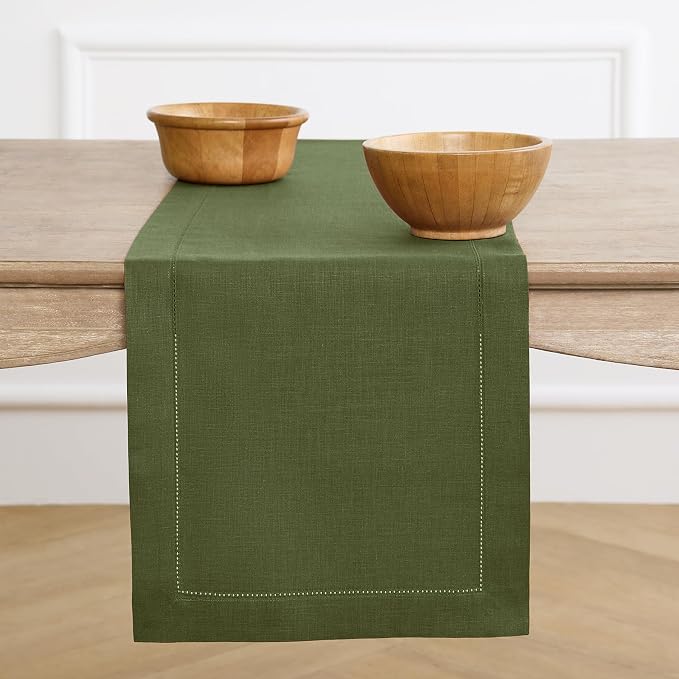 Solino Home 100% Linen Table Runner Olive, Classic Hemstitch 14 x 156 in | dresses up dining tables for everyday meals, hemstitched border, mitered corners, machine washable, soft, OEKO-TEX Certified