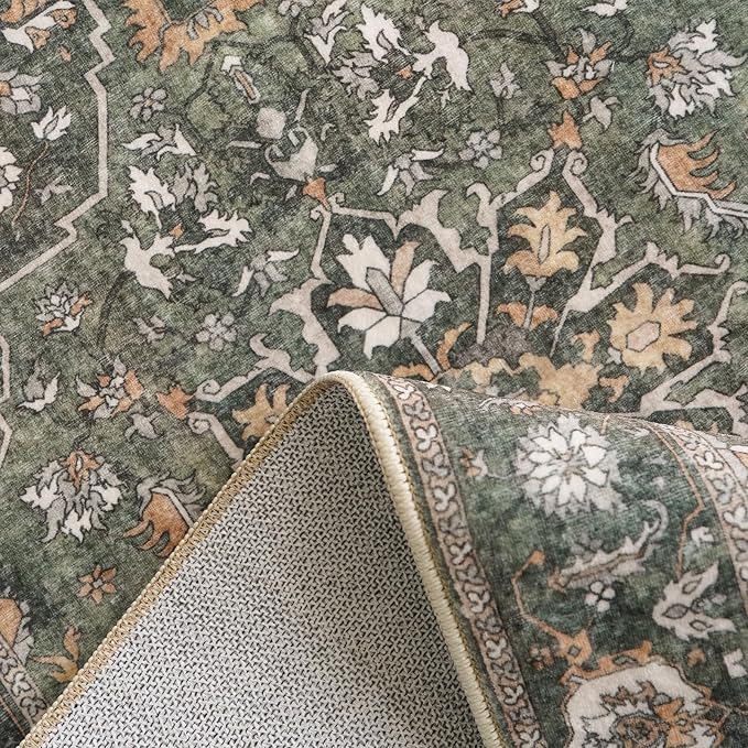 Washable 3x8 Hallway Runner Rug - Kitchen Rugs Ultra Soft Entryway Rug Runner Vintage Floral Floor Mat Non-Slip Low Pile Indoor Farmhouse Carpet for Bathroom Living Room Bedroom (Green,3x8)