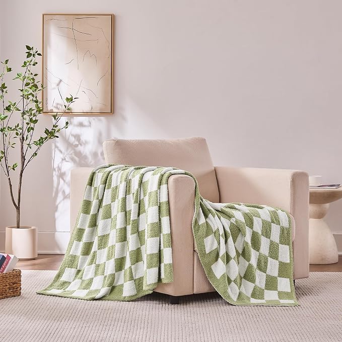 Checkered Throw Blanket for Couch, Soft Cozy Warm Knitted Blankets | Lightweight Fuzzy Travel Warm Decor for Women, Mom, Girls, Sofa, Chair, 60x80in, Sage Green