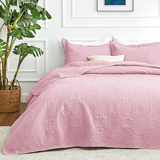 Love's cabin Quilts for Full Bed Pink Bedspreads Bedding Set - Lightweight Bedspread Comforter - Coin Pattern Bedding Coverlet for All Season - 3 Pieces (1 Quilt, 2 Pillow Shams)