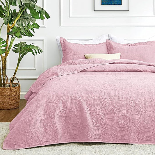 Love's cabin Twin Quilt Set Pink Bedspreads - Soft Bed Summer Lightweight Bedspread Comforter - Modern Style Coin Pattern Coverlet for All Season - 2 Pieces (1 Quilt, 1 Pillow Sham)