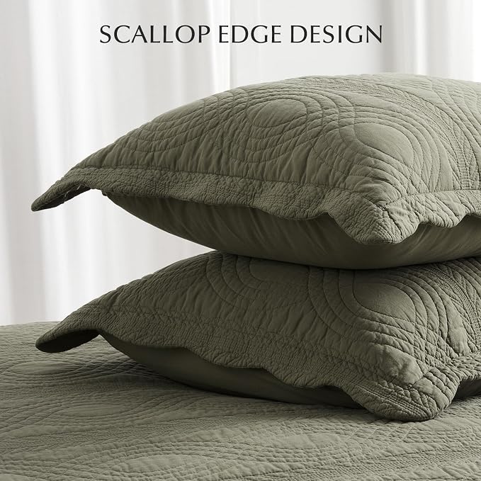 EverGrace 100% Cotton Scallop Quilt Set, King Size, Olive Green | Scalloped Border, Timeless Chic Aesthetic, All-Season Comfort, Perfect French Country Bedroom Decor, 3 Piece Set with 2 Shams