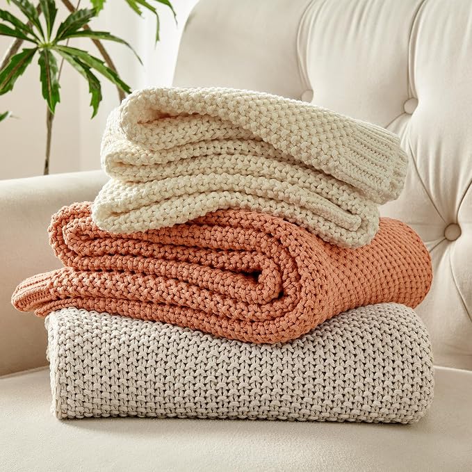 Joydeco Chunky Cable Knit Throw Blanket, Lightweight 100% Cotton Soft Cozy Throw Twin Blanket for Couch Bed and Sofa, Rustic Breathable Farmhouse Blanket Gift for Women Men(Cream White, 51"x63")