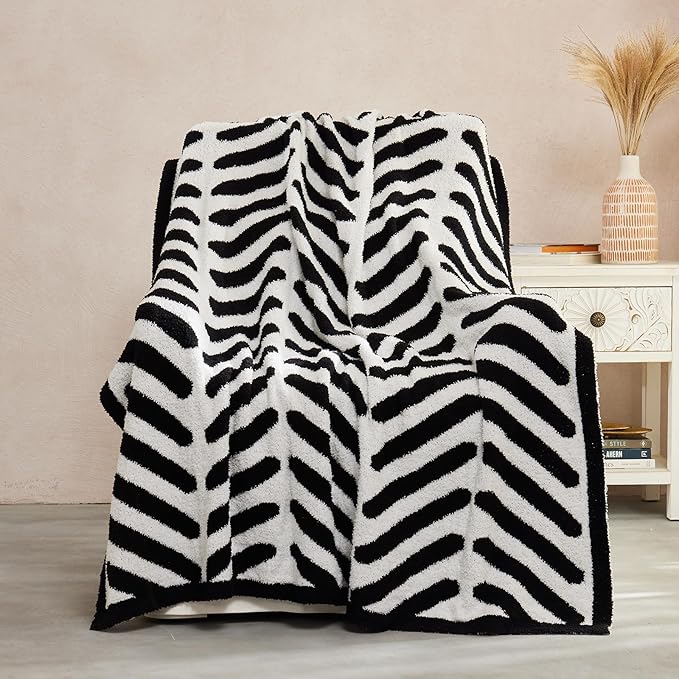 Soft Striped Throw Blanket for Couch, Cozy Warm Knitted Blankets | Lightweight Fuzzy Travel Warm Decor for Women, Mom, Girls, Sofa, Chair, 50x60in, Black White