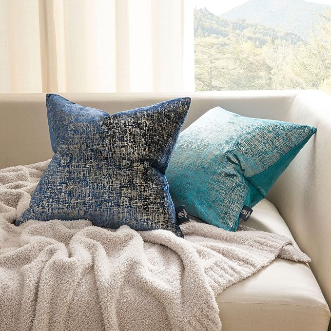 Phantoscope Pack of 2 Sparkling Velvet Decorative Solid Throw Decorative Pillow Cover Soft Gold Glitter Square Cushion Cover Pillowcase for Couch Bed and Chair, Navy Blue, 12 x 20 inches, 30 x 50 cm