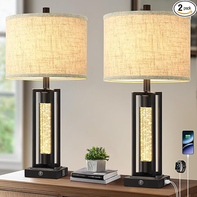TOBUSA 26" Black Farmhouse Table Lamps Set of 2 with Crystal Night Light