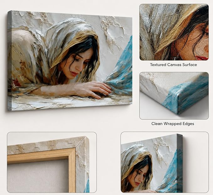 LCZDXGR Christian Wall Art Woman Touching Jesus Hem Canvas Framed 24x16in | Biblical healing miracle canvas with soft neutral tones for prayer room, bedroom, living room, church office, or faith gifts