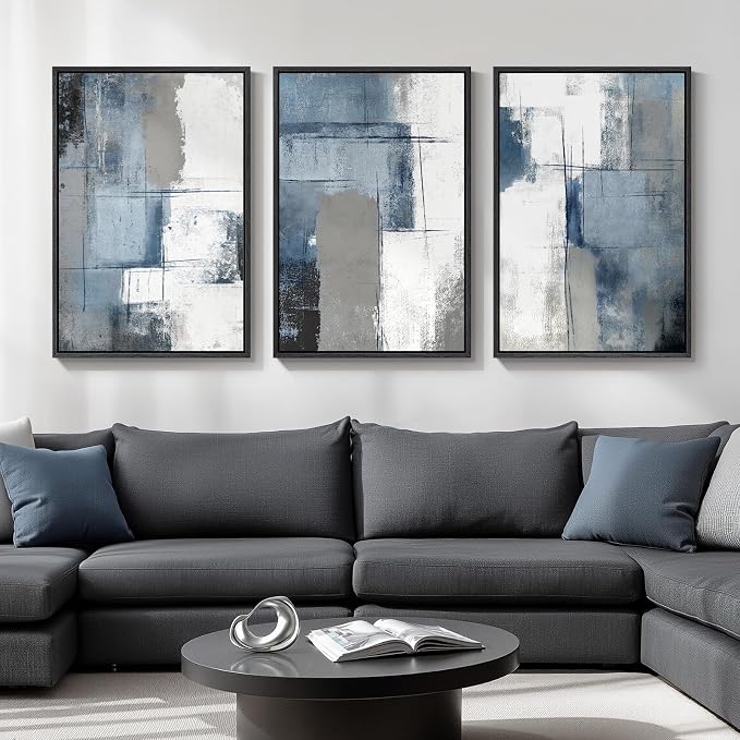Large Framed Blue and Gray Modern Abstract Wall Art, 3 Piece Set, 20x30 In | Minimalist color block pictures, Canvas prints, Wood frame, Artwork for walls, Wall decor for living room bedroom hallway
