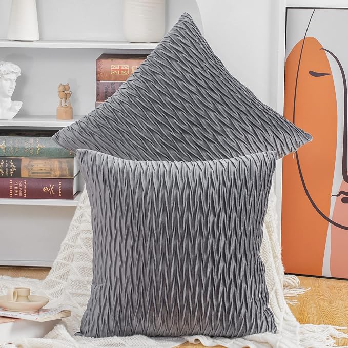 MADIZZ Set of 2 Super Soft Velvet Decorative Throw Pillow Covers 24x24 inch Grey Square with Texture Luxury Style Cushion Case European Pillow Shell for Sofa Bedroom