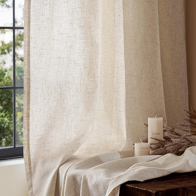 jinchan Linen Curtains Light Filtering Back Tab 84x84 Inch 1 Panel Beige | Semi Sheer Curtains 84 inch length for Bedroom Living Room, Modern Farmhouse Drapes with Rod Pocket, Natural Boho Curtains
