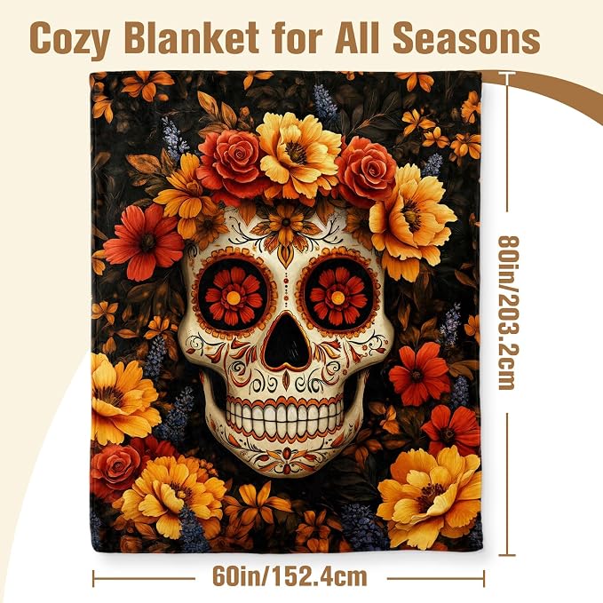 Aimego Sugar Skull Throw Blanket Gifts for Girl Women Halloween Skull Throw Blanket Gothic Skeleton Day of The Dead Blankets and Throws for Couch Sofa Bed for Kids Adult Women(60X80 Inch)