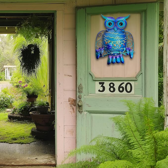 LIFFY Metal Owl Wall Decor - Cute Colorful Outdoor Wall Art - Glass Hanging Garden Decor for Patio, Porch or Door, Owl Gifts for Women