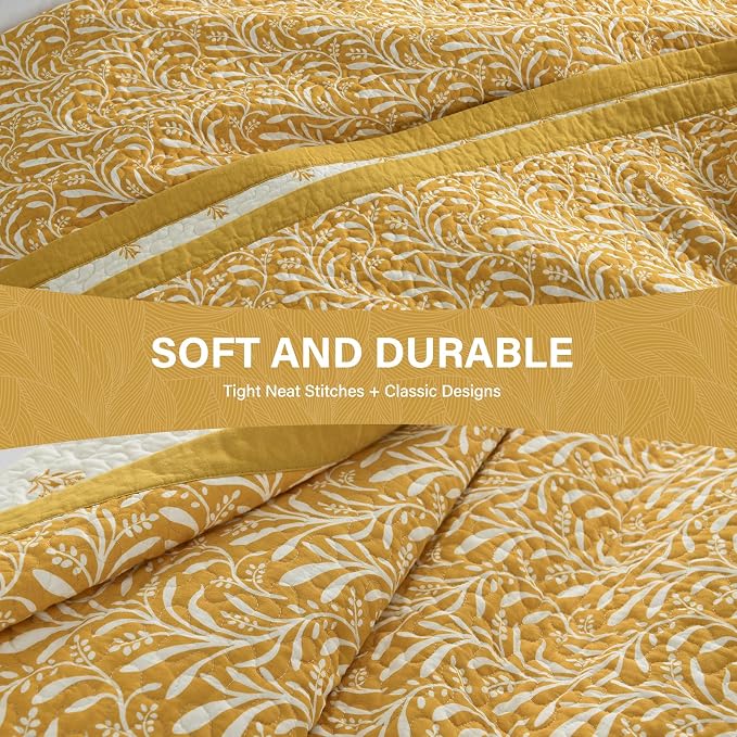 SahSahCasa Quilt Set Queen Size, 100% Cotton Quilt Bedding Set Bedspread, Botanical Pattern Solid Color Chic Lightweight Quilted Comforter for Queen Bed, Mustard Yellow, All Season, 3 Pieces