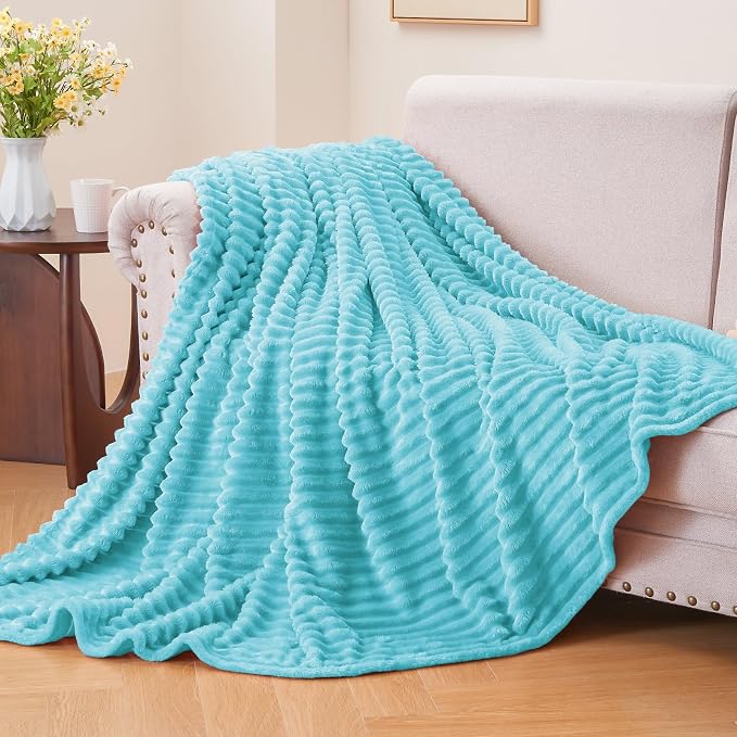 BEDELITE Ribbed Jacquard Light Blue Fleece Twin Blanket for Bed, 60x80 Inch | Soft Warm Decorative Fluffy Blanket, Cozy Plush Lightweight Fuzzy Throw Blanket for Couch Sofa Room Decor, Gift for Women