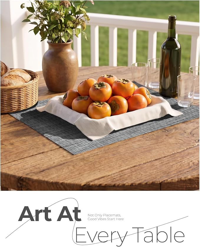 Leetaltree Grey Placemats, Heat Resistant Non-Slip Place mats for Dining Table, Washable Durable PVC Vinyl Woven Table Mats (Set of 12)