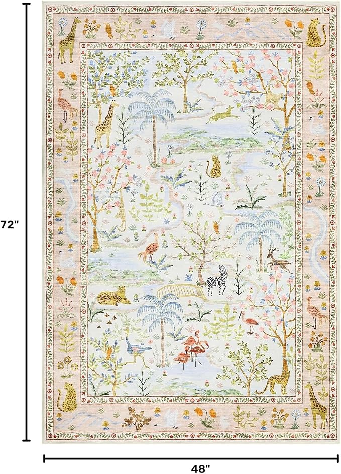 4x6 Whimsical Safari Nursery Area Rug Washable Non Slip Small Living Room Rugs Low Pile Animal Print Girs Bedroom Blush Throw Carpet Forest Fairy Tale Area Rugs for Entry Kids Room, Peach Blush