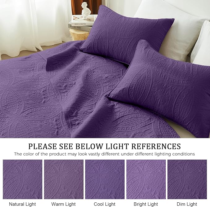 akkialla Purple Full/Queen Quilt Set, Ultrasonic Lightweight Bedspread Coverlet for Modern Minimalist Bedroom, Soft Microfiber Coin Pattern Bedding, 3-Piece (1 Quilt, 2 Pillow Shams) | Breathable fabric