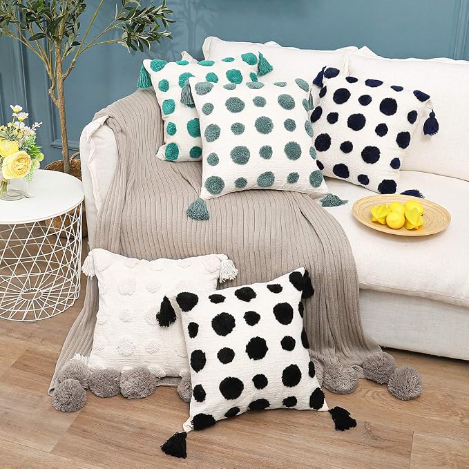 PLWORLD Boho White Pillow Cover 20x20, Tufted Chenille Cushion Case with Pom Poms & Tassels, 1PC Cover Only, No Insert