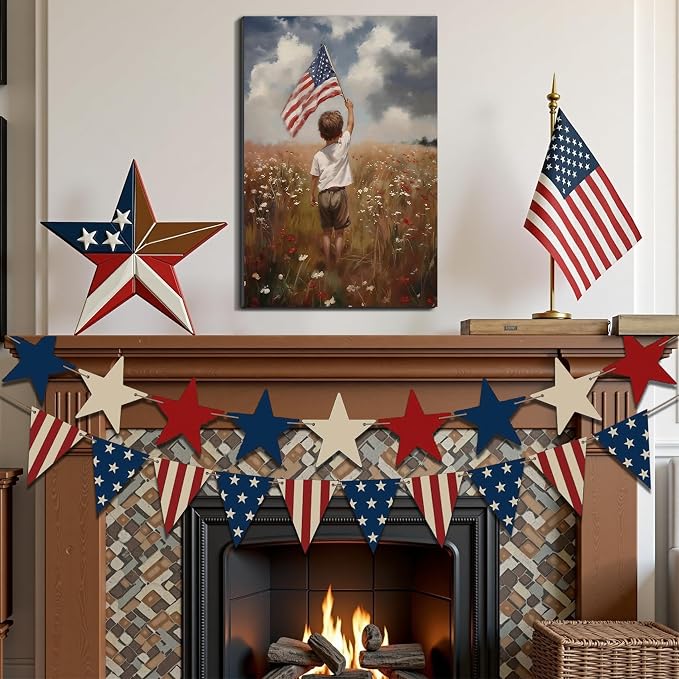 Framed American Flag Wildflower Field Wall Art, Patriotic Rustic Canvas Art Pictures, USA Flag Coastal Meadow Wall Decor, Made in USA Ready to Hang for Living Room Bedroom