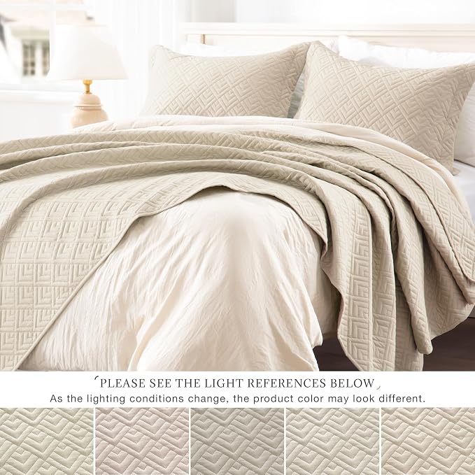 EXQ Home Quilt Set Queen Size Summer Squares Pattern Beige Bedspread | Bedding Set For All Season Use, Soft & Breathable Coverlet,3-Piece Set Includes 2 Shams, Machine Washable