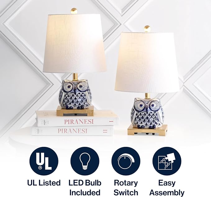 JONATHAN Y Justina Owl Mini Table Lamp 16" Ceramic, Blue/White, Set of 2