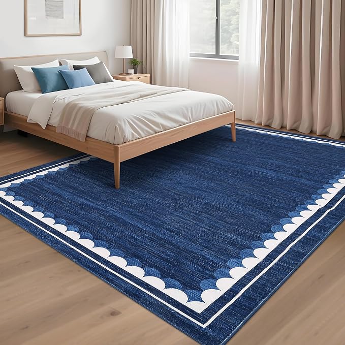 COZYLOOM 5x7 Living Room Rugs Washable Bedroom Rug Non Slip Stain Resistant Modern Bordered Rug Non Shedding Low Pile Carpet Foldable Thin Neutral Mats for Dining Room, Office, Blue