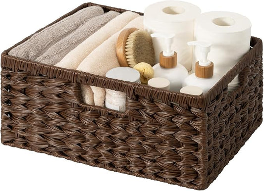GRANNY SAYS Wicker Storage Baskets for Shelves, Plastic Brown Basket,1-Pack | Waterproof Wicker Baskets for Organizing, Woven Baskets for Shelves, Decorative Basket for Pantry, Brown Basket for Storage