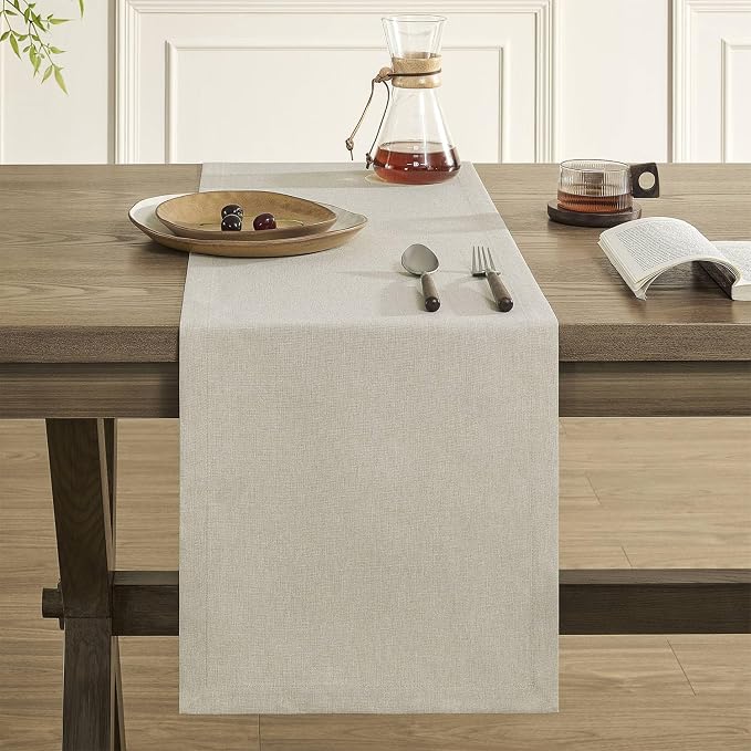 ZeeMart Basic Linen Style Table Runner, 14x36 Inch Raw Linen | Mitered Corner Design, Medium Weight Fabric, Rustic Farmhouse Style, Machine Washable Easy Care Everyday Table Scarf