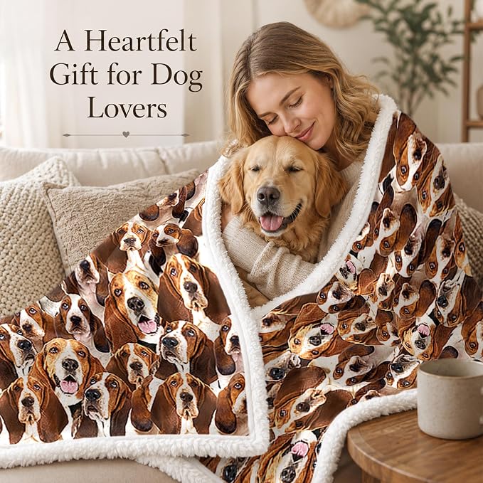 BlessLiving Throw Blanket, Brown Dog Animal Gift, 50x60 in | sherpa fleece fabric, Bassett Hound Dense Pet Blankets Puppy print, for couch or sofa, pet lovers, easy machine care