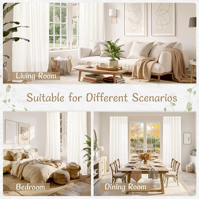 60 Inch Length Semi Sheer Linen Curtains 2 Panels Set, Ivory Cream | Linen Textured, Light Filtering Window Drapes, Boho, Neutral, Curtains for Bedroom, Back Tab Rod Pocket, 34 x 60 Inch