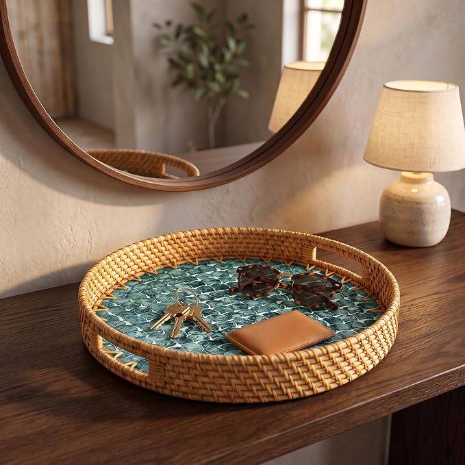 JUNGLE CULTURE Round Rattan Tray with Mother of Pearl Inlay • Cascade 12”