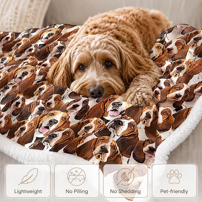 BlessLiving Throw Blanket, Brown Dog Animal Gift, 50x60 in | sherpa fleece fabric, Bassett Hound Dense Pet Blankets Puppy print, for couch or sofa, pet lovers, easy machine care