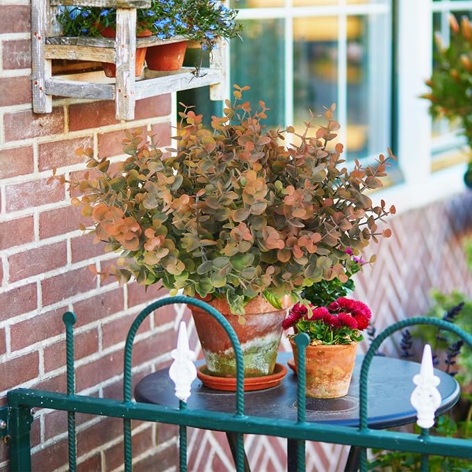 RECUTMS 12 Bundles Artificial Fall Eucalyptus Plant Stems 13In Dusty Orange | Plastic Boxwood Shrubs Greenery, No Maintenance,Long-term Reuse,Table Arrangement,Farmhouse Garden Vase Outdoor Planter Decor