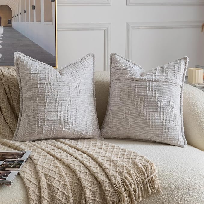 MADIZZ Pack of 2 Chenille Throw Pillow Covers 20x20 Inch Light Grey Soft Neutral Decorative Throw Pillows for Couch Sofa Boho Accent Cushion Covers Modern Farmhouse Home Decor for Bedroom Living Room