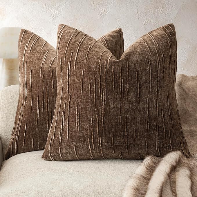 Foindtower Pack of 2 Slubby Textured Chenille Throw Decorative Pillow Covers Square Accent Solid Cushion Cover Cozy Neutral Farmhouse Pillow Case for Couch Bedroom Living Room 18x18 Inch,Dark Brown