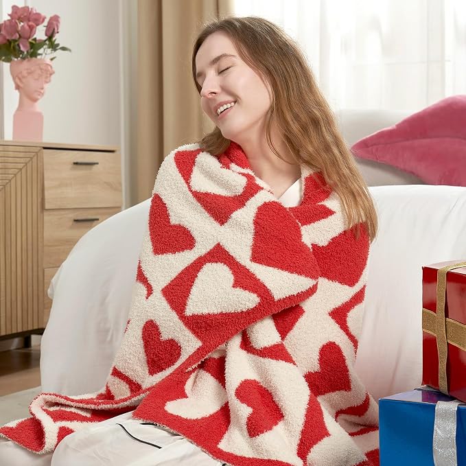 Snuggle Sac Valentines Throw Blanket Red Checker, Knitted Super Soft Cozy Blankets, Valentines Day Gifts for Her, Microfiber Heart Throws for Couch, Checkered Love, 50x60 inches
