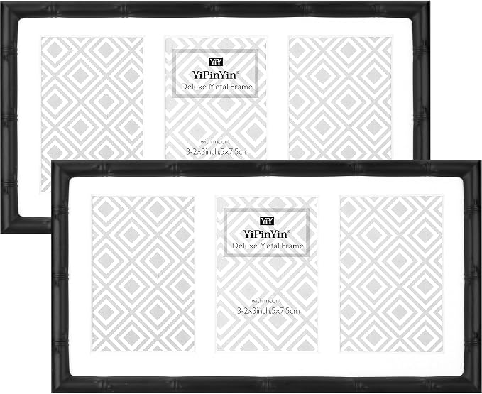 3-2x3'' Black Multi Metal Picture Frames,3 section frames 2pack, Elegant Bamboo Detail Designs Plated Photo Frames 3-2x3'' Baby Nurse frames With Soft Touch Velvet Backing for Desktop and Wall Décor(Black)