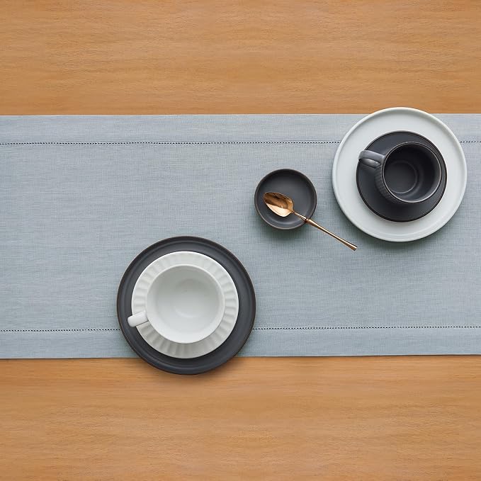 Solino Home 100% Pure Linen Table Runner Dusty Blue Hemstitch, 14 x 156 in | Classic Hemstitch, a graceful centrepiece for dining and gatherings, hemstitched border, mitered corners, OEKO-TEX Certified