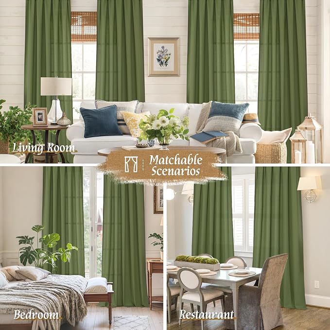 Olive Green Semi Sheer Linen Curtains 72 Inch Length for Living Room | Light Filtering, Faux Linen Textured, Neutral, Christmas Panels for Farmhouse, Bedroom, Rod Pocket, 2 Panels, 52 x 72 Inch