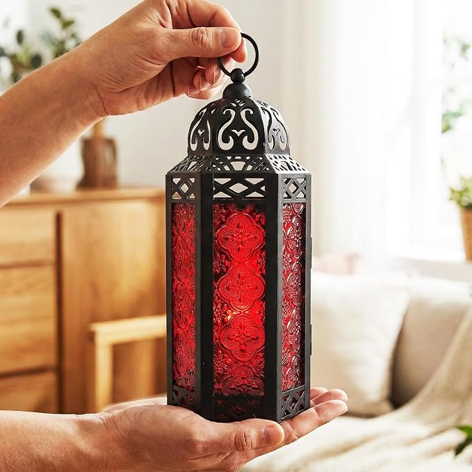 Vela Lanterns Decorative Indoor Red Gothic Fairy Light Candle Holder, M | Halloween Vampire Decor, Fantasy Witchy Whimsigoth Lamp, Moroccan Metal Hanging Flameless LED Lantern, Remote, 10.5" Tall