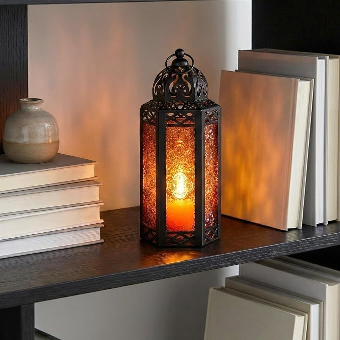 Vela Lanterns Decorative Indoor Moroccan Candle Holder, Amber, M | Halloween Decorations, Amber Orange Glass Decor, Gothic Dark Academia Lamp, Turkish Votive Pillar Tealight, 10.5in Tall