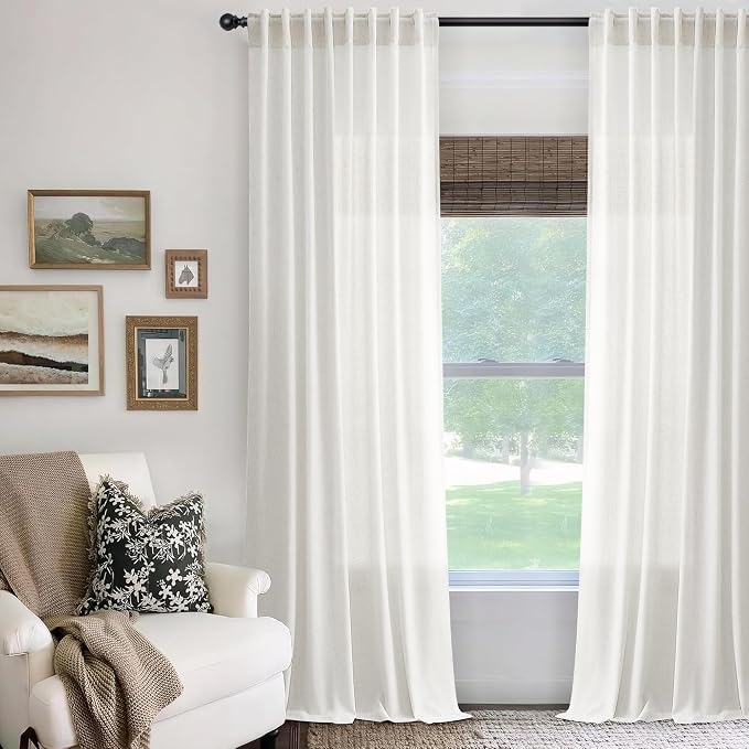Jowels 60 Inch Extra Wide Natural Linen Curtains 96 Inch Long 1 Panel | Ivory Light Filtering Sheer Curtain,Back Tab Pocket Pleated Look,Modern Farmhouse Textured Privacy Drapes for Living Room