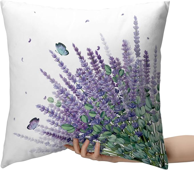 Lavender Decorative Pillow Covers Spring Summer Farmhouse Square Pillowcases for Outdoor Living Room Garden Sofa Set of 2 Purple Flowers with Butterfly Throw Pillow Covers 22x22