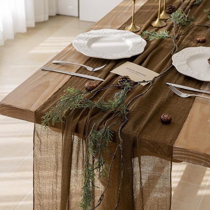6Pcs Coffee Cheesecloth Table Runner 120 Inches for Party Boho Home Decor | For Wedding Baby Shower Bridal Shower Birthday Engagement Party 10FT Rustic Boho Home Decorations