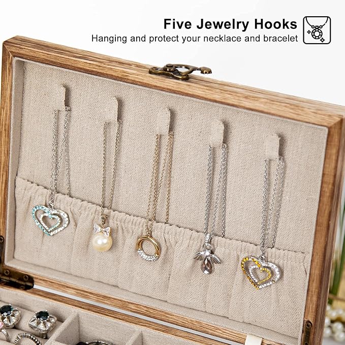 Pinzoveco Jewelry Box for Women, Rustic Wooden Jewelry Organizer Box for Storage Earrings Rings Necklace Bracelet, Farmhouse Style Wood Jewelry Boxes & Organizers (Torched Wood Color)