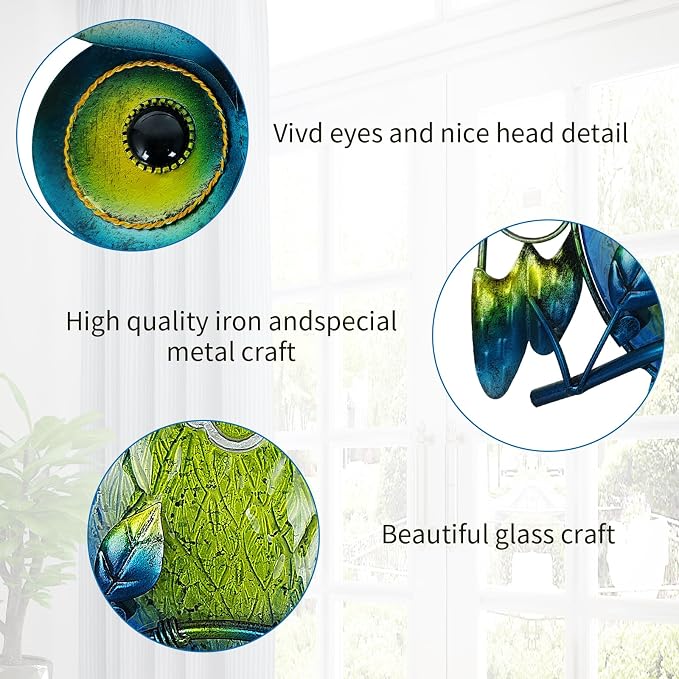 LIFFY Cute Metal Owl Wall Decor - Unique Outdoor Wall Art Decoration - Glass Hanging Wall Owl Decor Brighten Up Patio, Porch or Door, Garden Decoration, Birthday Gift Ideas