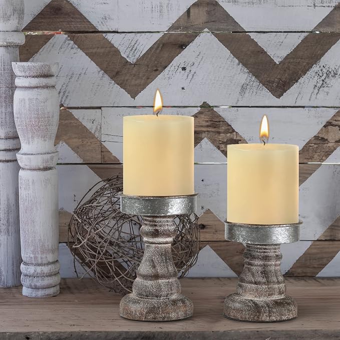 Distressed Wood & Metal Candle Holder, Set of 2 Modern Farmhouse Candlestick Holder, Farmhouse Table Decor, Rustic Decor for Mantel, Dining Table, Coffee Bar Centerpiece