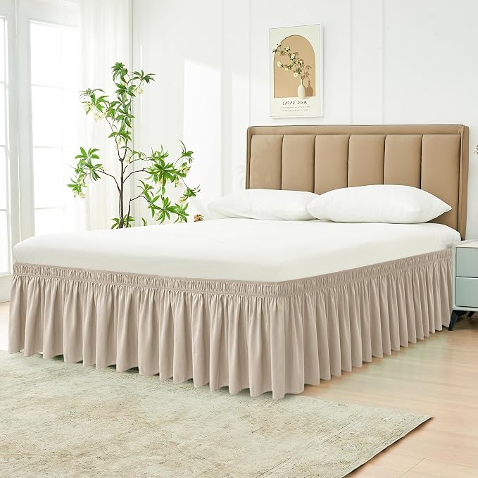 Wrap Around Queen Size Bed Skirt 15" Drop-Elastic Dust Ruffle Light Camel | Adjustable Pleated Bedskirt-Easy Fit Wrinkle Resistant Washable Hotel Quality Fabric Bed Skirting-Master Guest Bedroom Rental