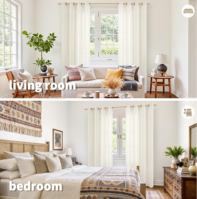 YoungsTex Ivory Linen Curtains 52X80 Inch Length 2 Panels for Living Room | Semi Sheer Drapes Rustic with Bronze Grommet Privacy for Country Bedroom Dining Room Light Filtering